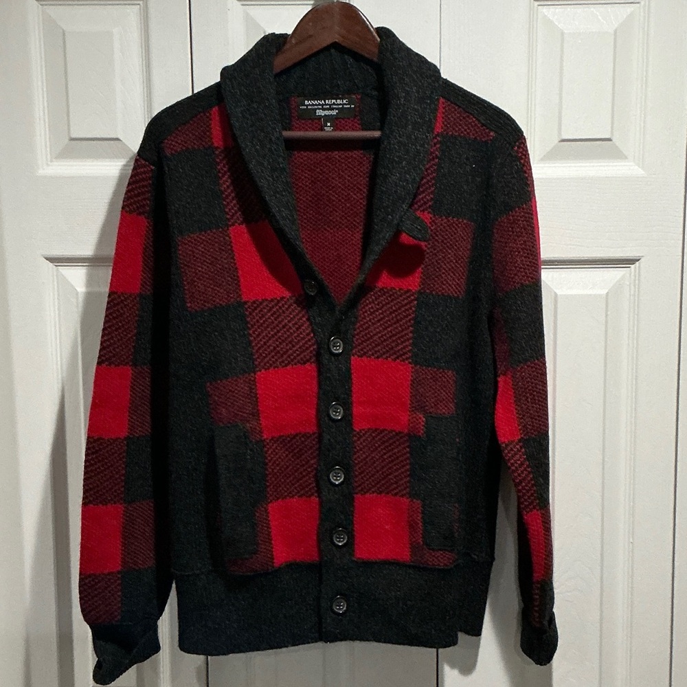 Banana Republic Red and Black Plaid Cardigan